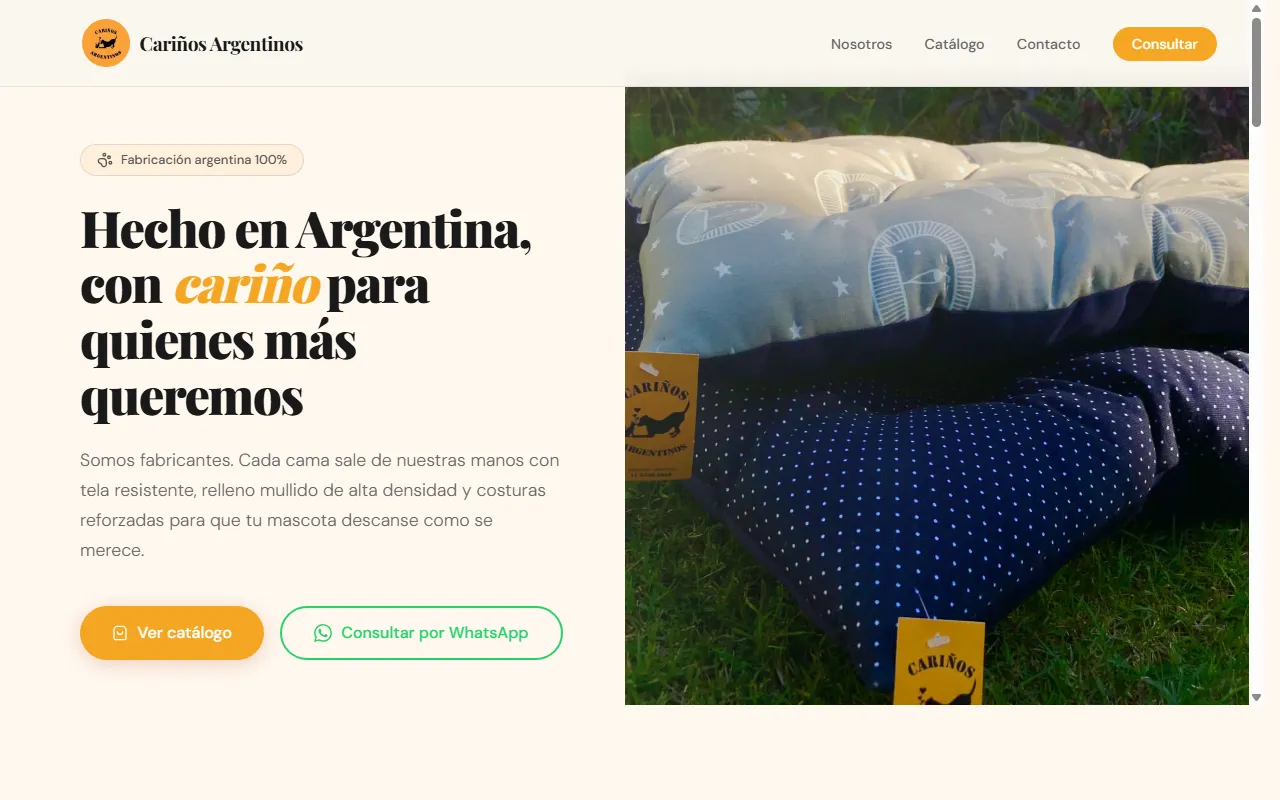 Landing page para Cariños Argentinos — fabricante de accesorios para mascotas